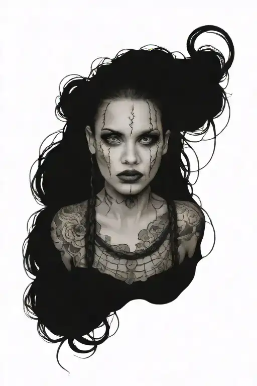 woman face braids tattoo design idea