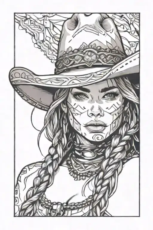 woman face western cowgirl braids native tattoo design idea