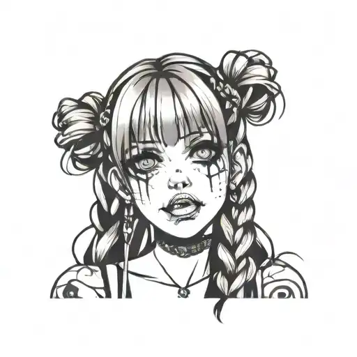 goth girl face braids tattoo design idea