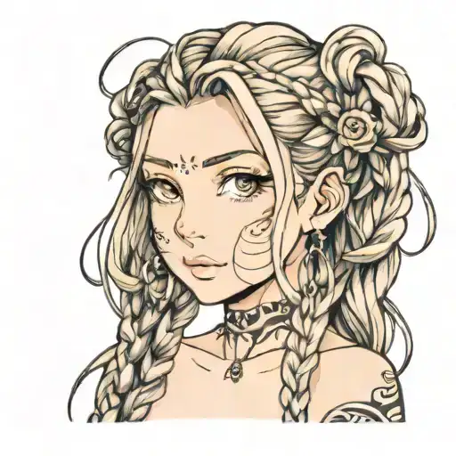 beautiful woman face braids tattoo design idea