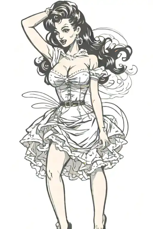 pinup girl sexy no border black hair full body standing tattoo design idea