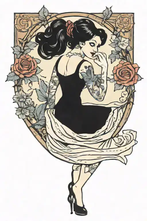 pinup girl goth death satanic black hair tattoo design idea