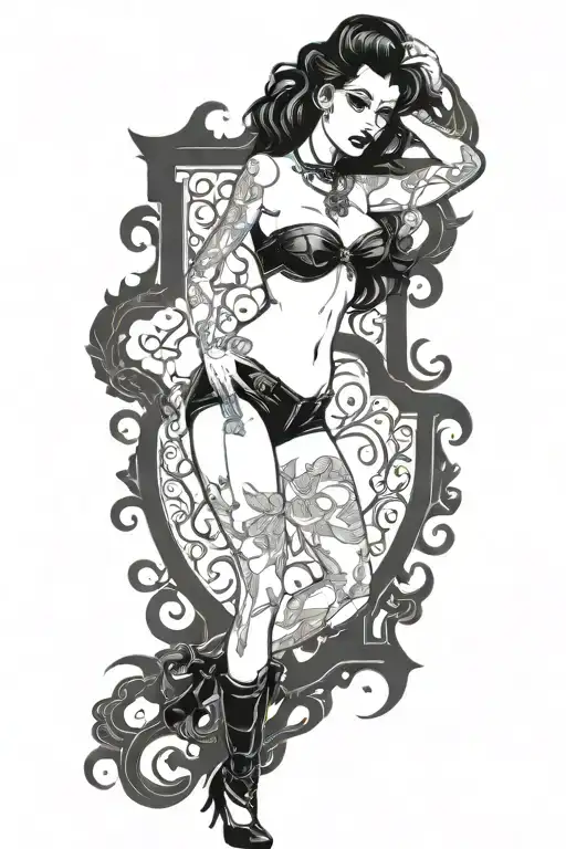 pinup girl sexy no border black hair full body standing tattoo design idea