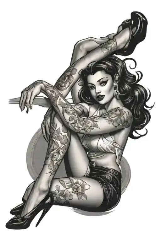 pinup girl sexy no border black hair full body tattoo design idea