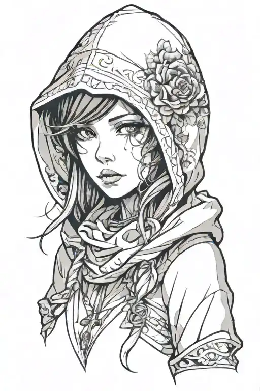 beautiful young woman face hooded tattoo design idea