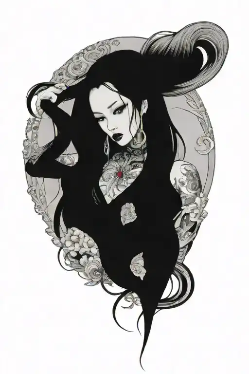 sexy goth girl long hair tattoo design idea