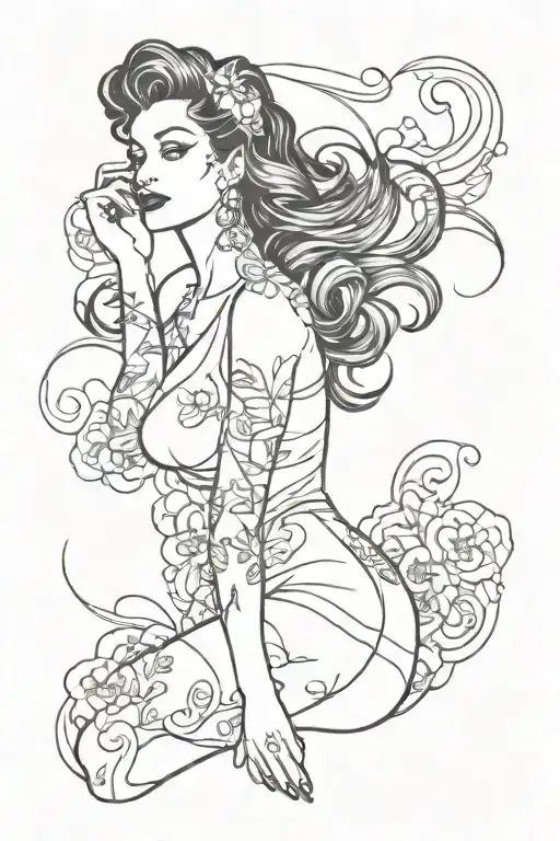 pinup girl sexy no border black hair full body tattoo design idea