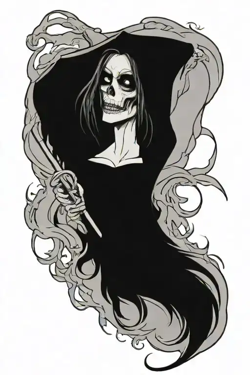 sexy grim reaper girl long hair tattoo design idea