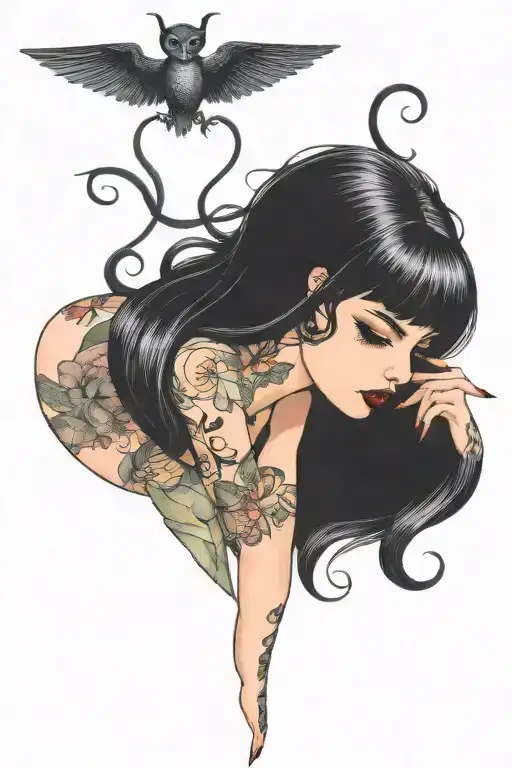 pinup girl goth death satanic black hair tattoo design idea
