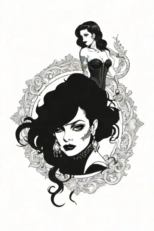 pinup girl sexy no border black hair full body standing tattoo design idea