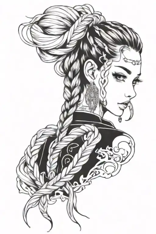 woman face braids tattoo design idea
