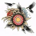 Japanese rising sun with birds tattoo design idea