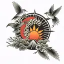 Japanese rising sun with birds tattoo design idea