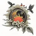 Japanese rising sun with birds tattoo design idea
