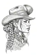 woman face western cowgirl braids native tattoo design idea
