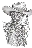 woman face western cowgirl braids tattoo design idea