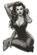 pinup girl sexy no border black hair full body standing tattoo design idea