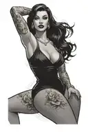 pinup girl sexy no border black hair full body standing tattoo design idea