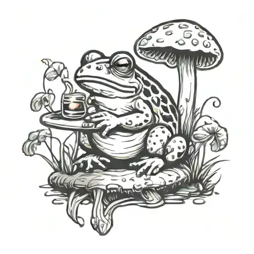 toad sitting on mushroom drinking whiskey  tattoo design idea