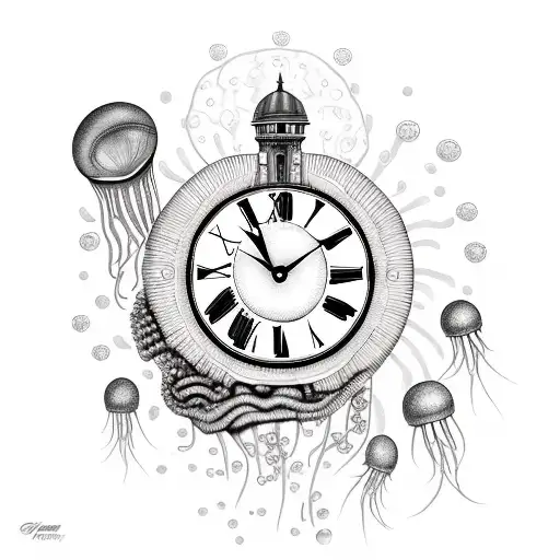future clock with jellyfish with word hope and let go. tattoo design idea