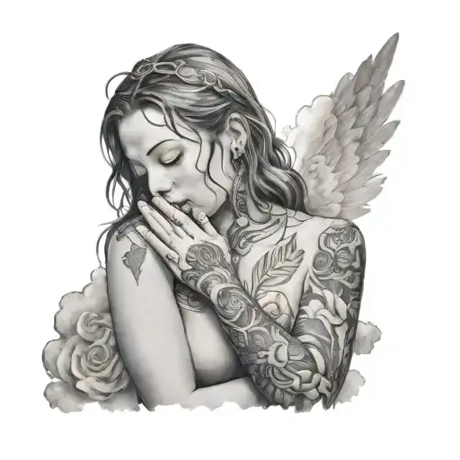 maria praying, you can only see her upper body, with heaven lights and clouds behind her tattoo design idea