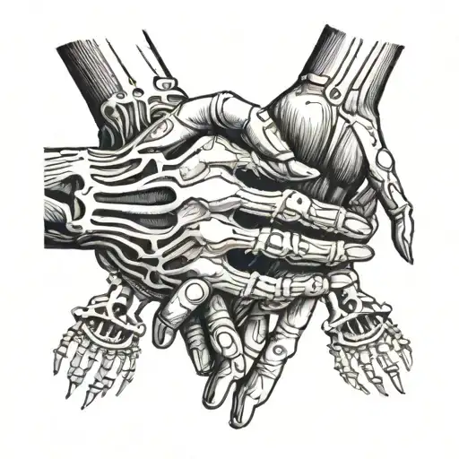 A surreal design of two human hands shaking, with one hand turning into a skeleton halfway through the handshake tattoo design idea