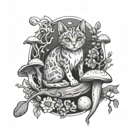 Gemini, mycelium, chainsaw, mushroom, cat tattoo design idea