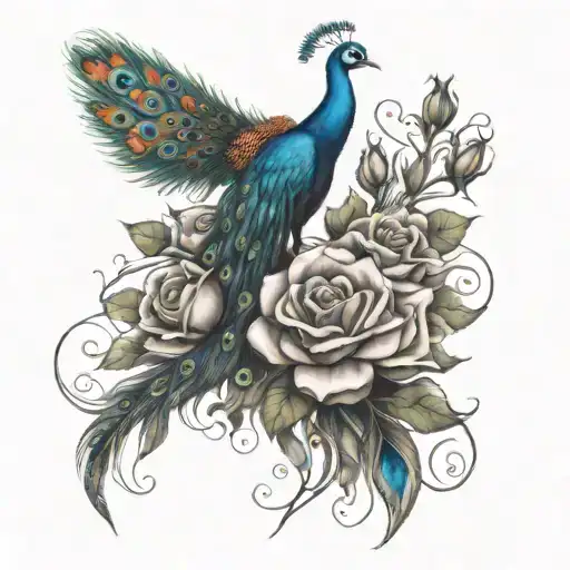tim Burton style peacock with roses blooming  tattoo design idea