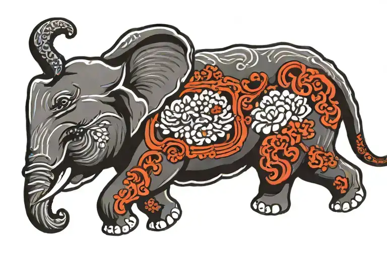 small elephant with 3 heads surrounded by  traditional waves   tattoo design idea