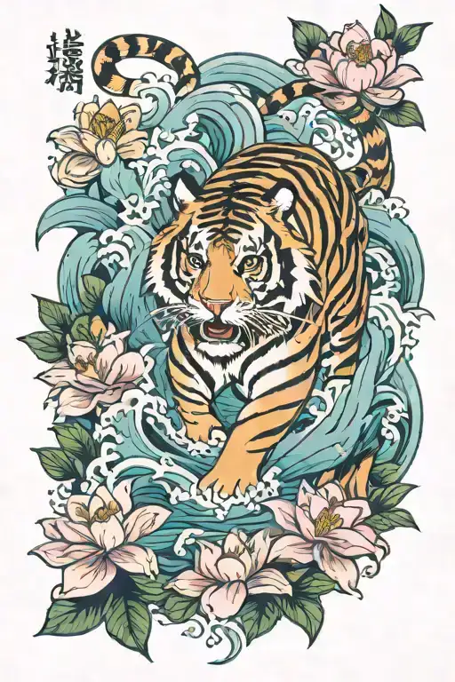 traditional tiger emerging from water lily flowers in a jungle setting  with big wave background around the tattoo shape tattoo design idea