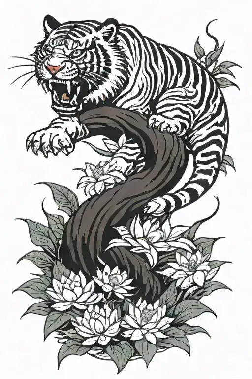 traditional tiger emerging from water lily flowers in a jungle setting   tattoo design idea