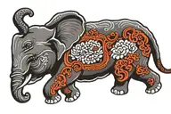 small elephant with 3 heads surrounded by  traditional waves   tattoo design idea