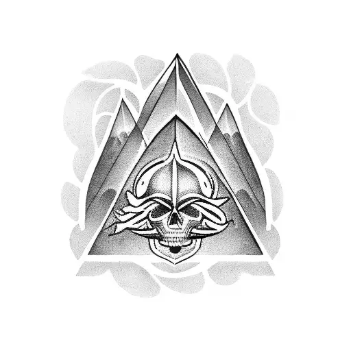 A mesmerizing tattoo design featuring a pyramid and a skull and bones in a mysterious blackwork style. tattoo design idea