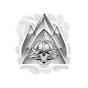 A mesmerizing tattoo design featuring a pyramid and a skull and bones in a mysterious blackwork style. tattoo design idea