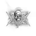 A mesmerizing tattoo design featuring a pyramid and a skull and bones in a mysterious blackwork style. tattoo design idea