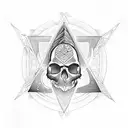 A mesmerizing tattoo design featuring a pyramid and a skull and bones in a mysterious blackwork style. tattoo design idea