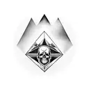 A mesmerizing tattoo design featuring a pyramid and a skull and bones in a mysterious blackwork style. tattoo design idea
