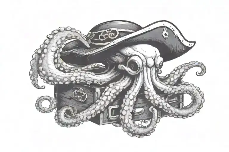 An octopus with pirate-themed accessories like a tricorn hat and a treasure chest tattoo design idea
