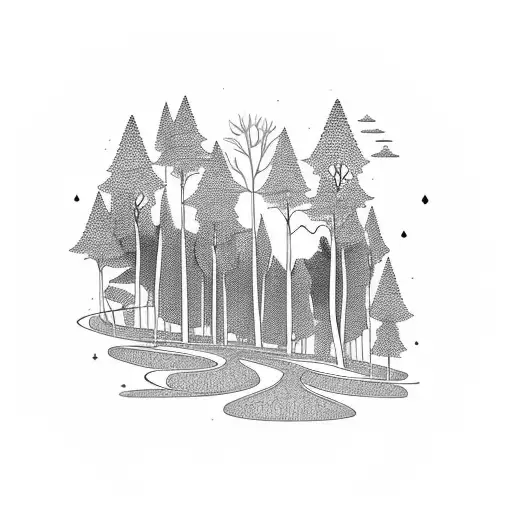 A forest landscape with a winding path, incorporating your children's names hidden in the trees and rocks tattoo design idea
