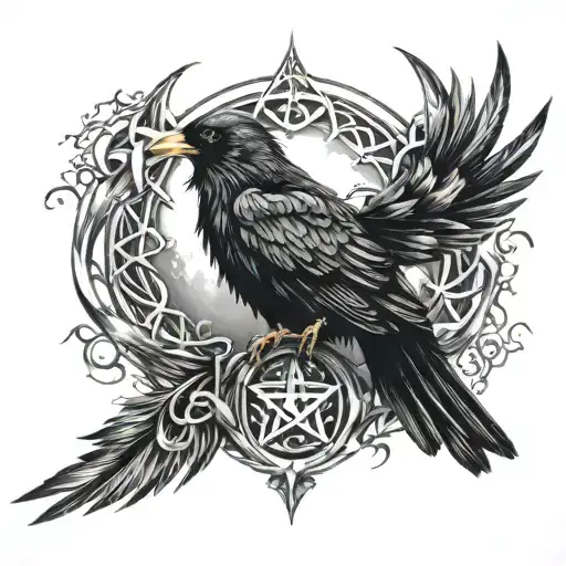 Morrigan dark realism with triple moon, crow, triquetra & triskele for outer forearm tattoo design idea