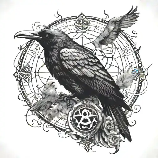 Morrigan dark realism with crow, triple moon, triquetra & triskele for outer forearm tattoo design idea