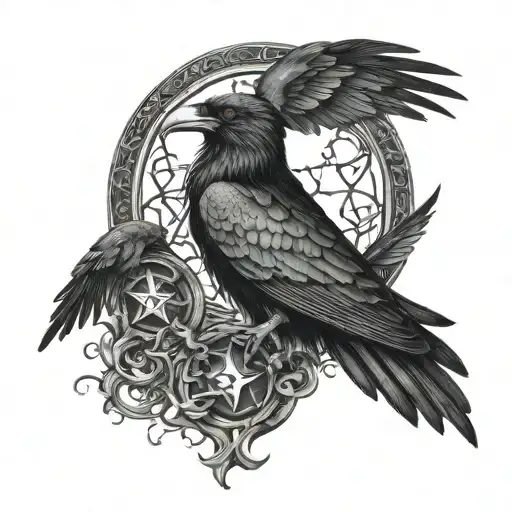 Morrigan dark realism with triple moon, crow, triquetra & triskele for outer forearm tattoo design idea