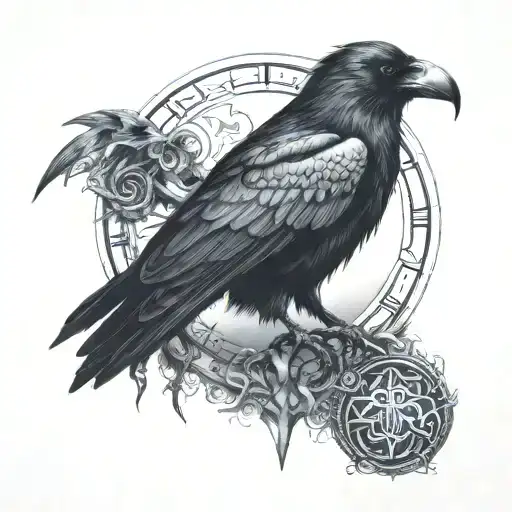 Morrigan dark realism with crow, triple moon, triquetra & triskele for outer forearm tattoo design idea