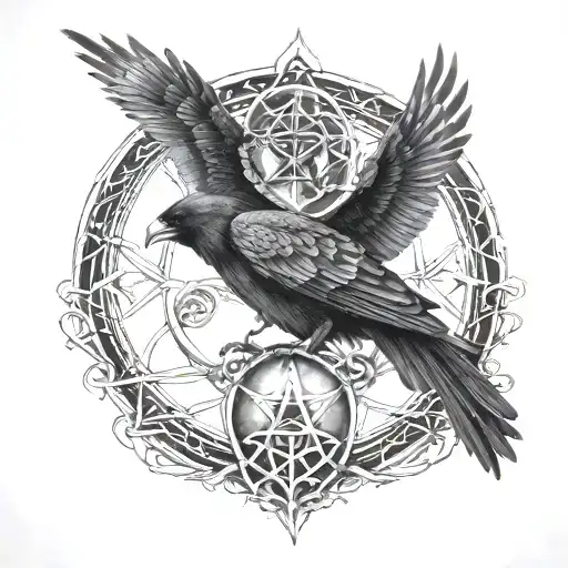 Morrigan dark realism with triple moon, crow, triquetra & triskele for outer forearm tattoo design idea
