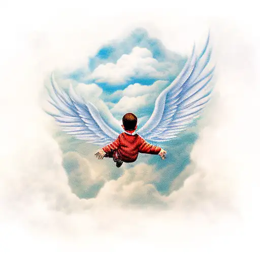 boy with wings flying in the clouds tattoo design idea