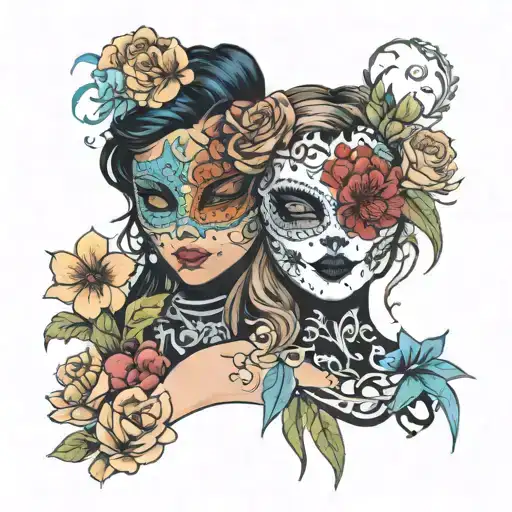 the names Olivia and Alba surrounded by flowers in different colors and one happy mask and one sad mask tattoo design idea