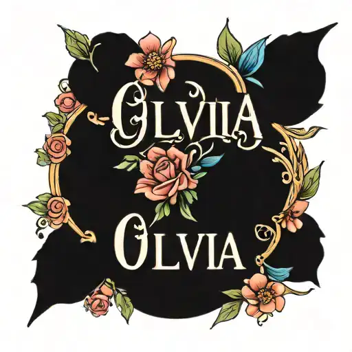 the  name Olivia and the name Alba surrounded by flowers in different colors tattoo design idea