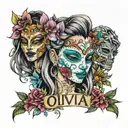 the  names Olivia Alba surrounded by flowers in different colors and two masks one happy one sad  tattoo design idea