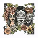 the  names Olivia Alba surrounded by flowers in different colors and two masks one happy one sad  tattoo design idea
