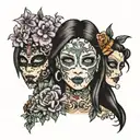 the  names Olivia Alba surrounded by flowers in different colors and two masks one happy one sad  tattoo design idea